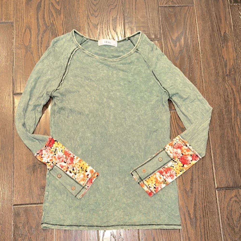ABLE Green Long Sleeve knit Top with Floral Cuffs size medium boho